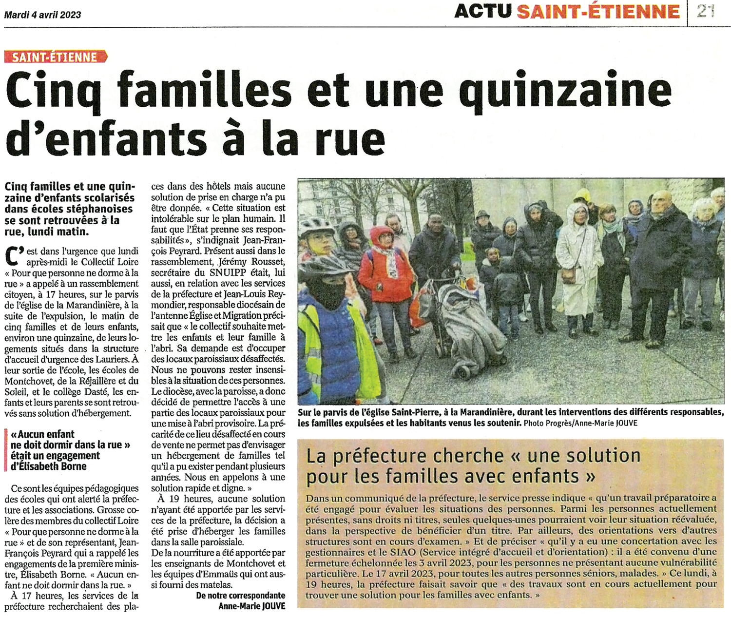 Cinq familles et une quinzaine d'enfants à la rue (Le Progrès - Edition du 04 avril 2023)
