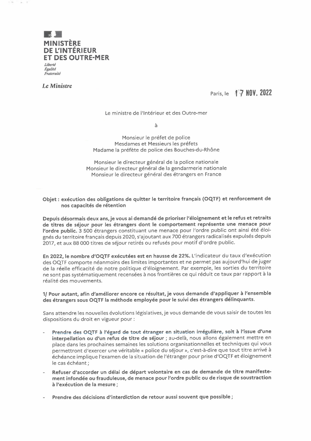 Circulaire dite « OQTF » du 22 novembre 2022