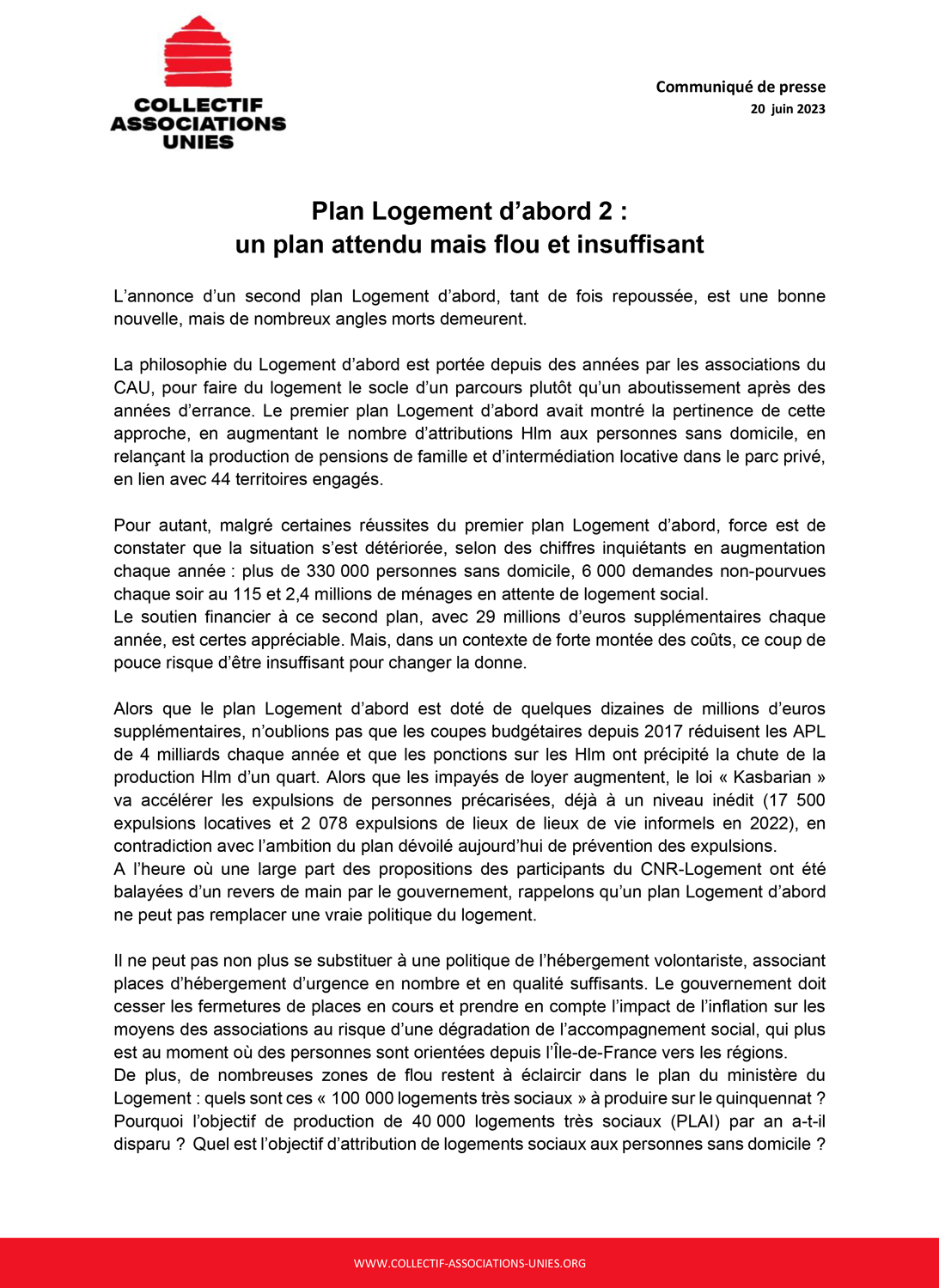 Collectif des Associations Unies (CAU) - Logement d'abord 2 : Communique de presse du 20 juin 2023