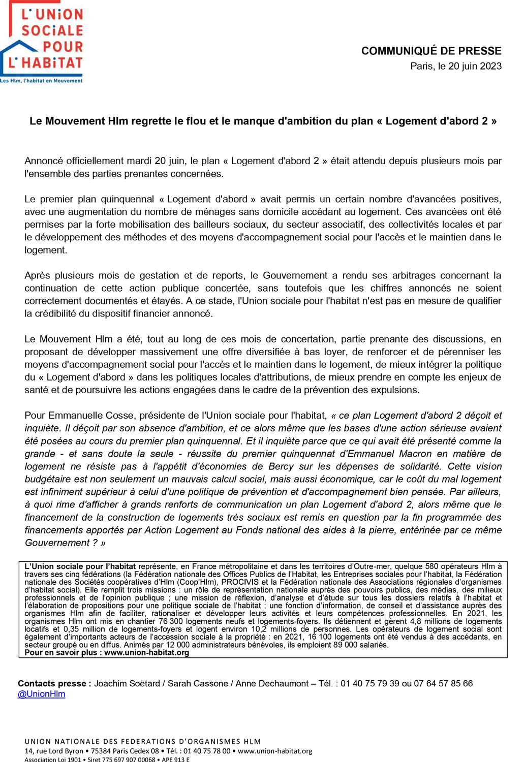 Union Sociale pour l'Habitat (USH) - Logement d'abord 2 : Communique de presse du 20 juin 2023