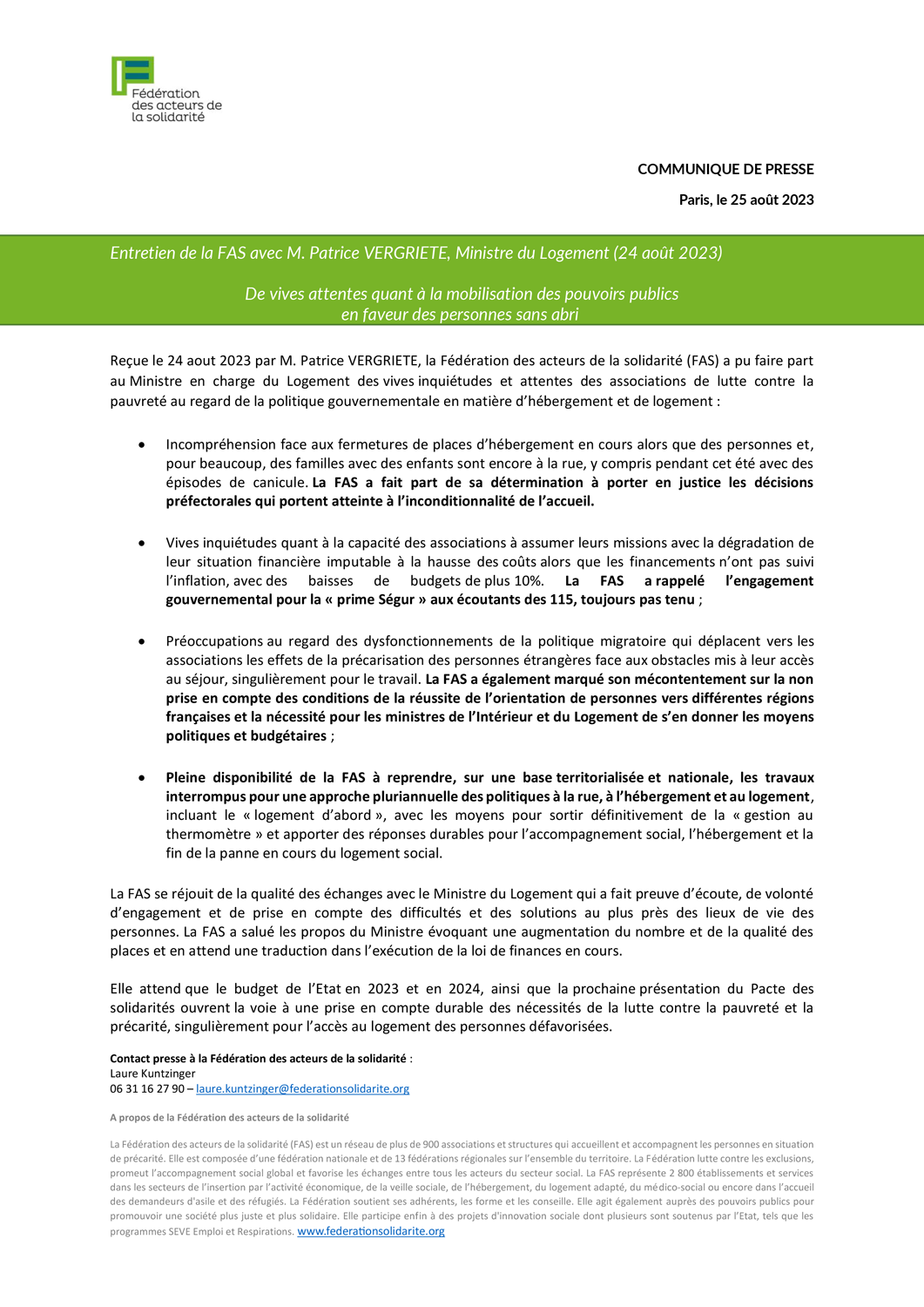 FAS - Communiqué de presse - Entretien de la FAS avec M. Patrice VERGRIETE, Ministre du Logement (24 août 2023 - format pdf)