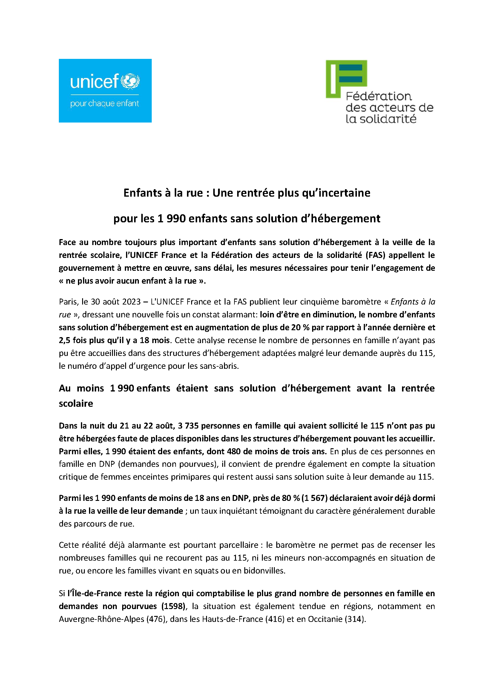Unicef / FAS - Communiqué de presse - 5ème Baromètre des Enfants à la Rue (Edition 2023 - format pdf)