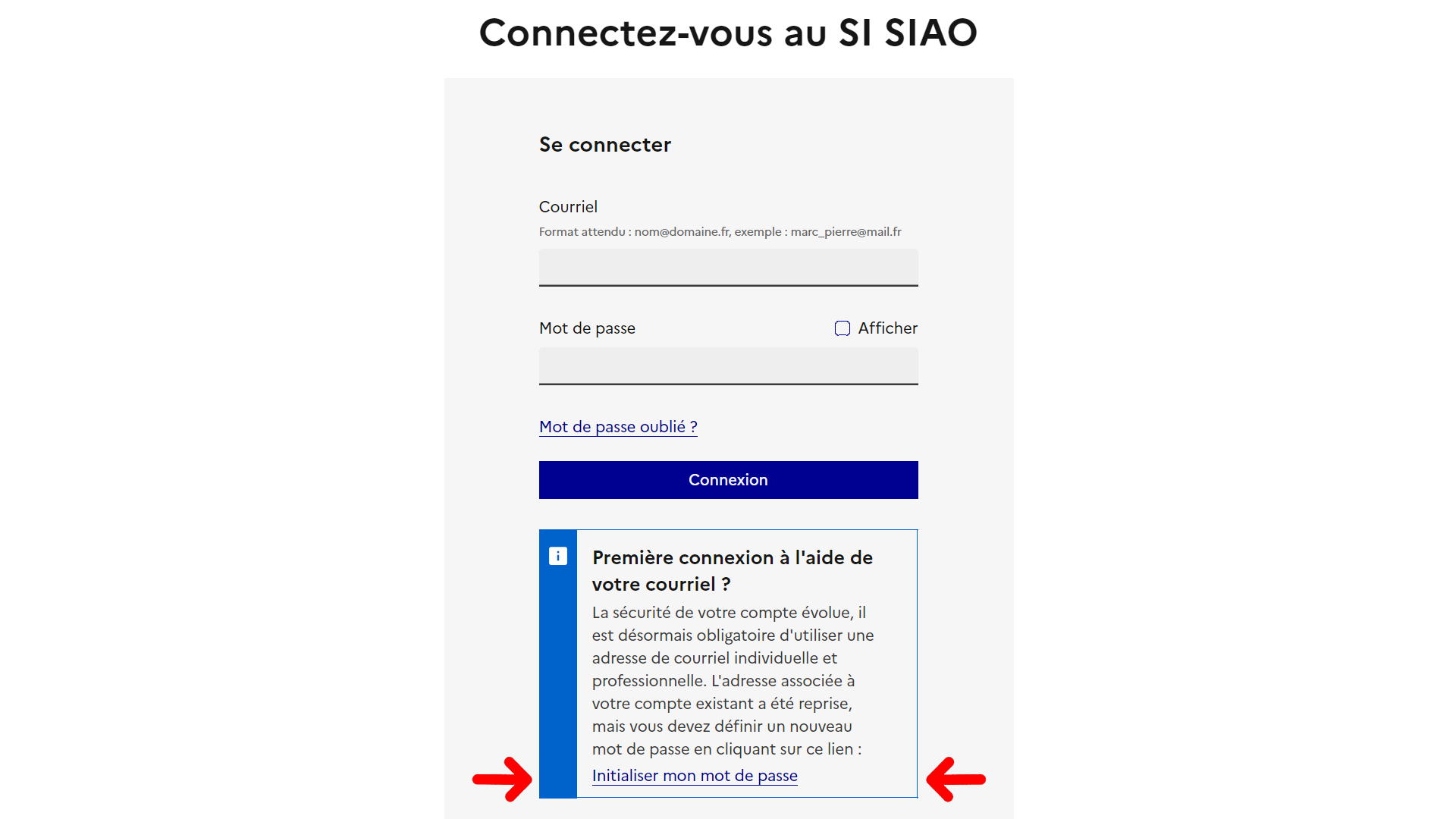 SI SIAO : Tuto "Nouvelle authentification"  - Etape 1 - Cliquez sur "Initialiser mon mot de passe"